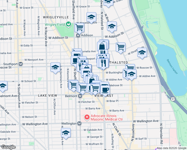 map of restaurants, bars, coffee shops, grocery stores, and more near 840 West Buckingham Place in Chicago