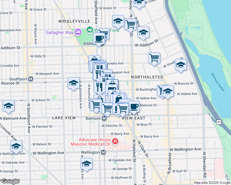 map of restaurants, bars, coffee shops, grocery stores, and more near 3341 North Clark Street in Chicago
