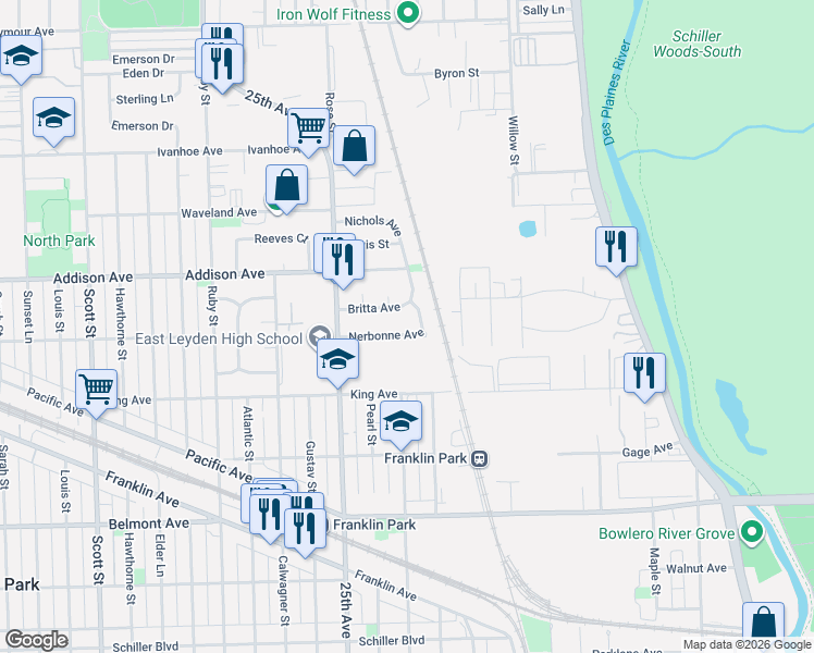 map of restaurants, bars, coffee shops, grocery stores, and more near 3513 Leyden Lane in Franklin Park