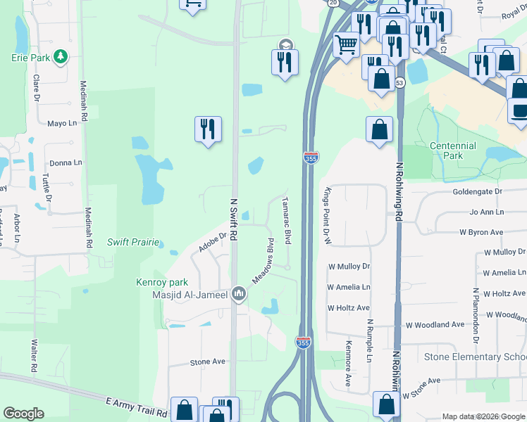 map of restaurants, bars, coffee shops, grocery stores, and more near 854 Tamarac Boulevard in Addison