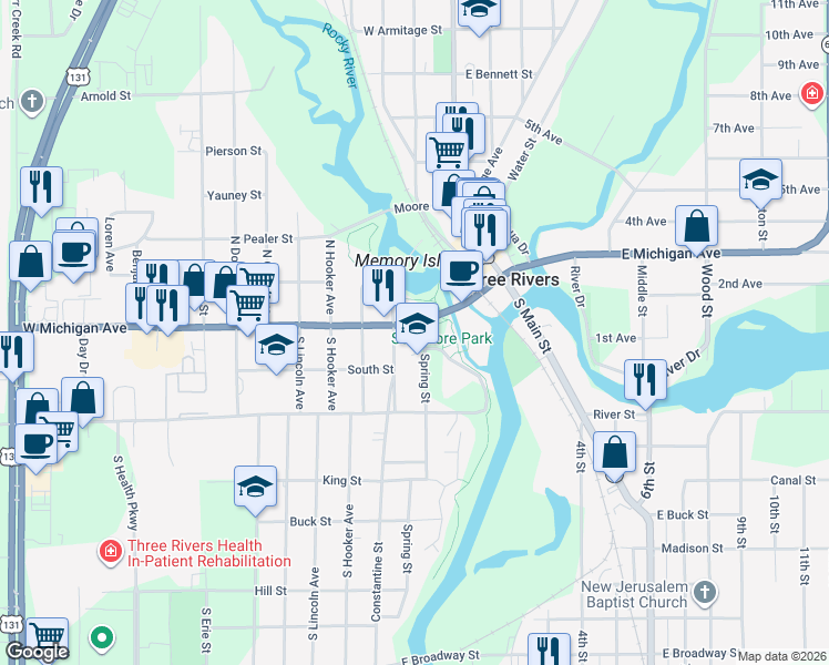 map of restaurants, bars, coffee shops, grocery stores, and more near 333 West Michigan Avenue in Three Rivers