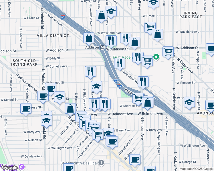 map of restaurants, bars, coffee shops, grocery stores, and more near 3401 North Central Park Avenue in Chicago