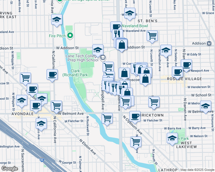 map of restaurants, bars, coffee shops, grocery stores, and more near 3350 North Western Avenue in Chicago