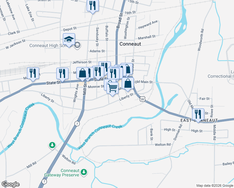 map of restaurants, bars, coffee shops, grocery stores, and more near 256 Main Street in Conneaut