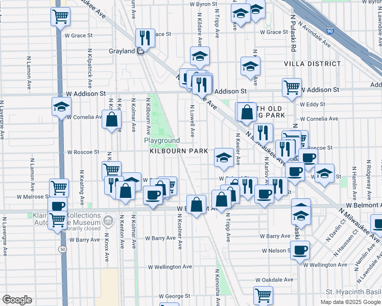 map of restaurants, bars, coffee shops, grocery stores, and more near 4335 West Roscoe Street in Chicago