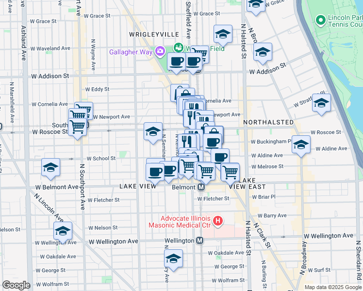 map of restaurants, bars, coffee shops, grocery stores, and more near 3340 North Kenmore Avenue in Chicago