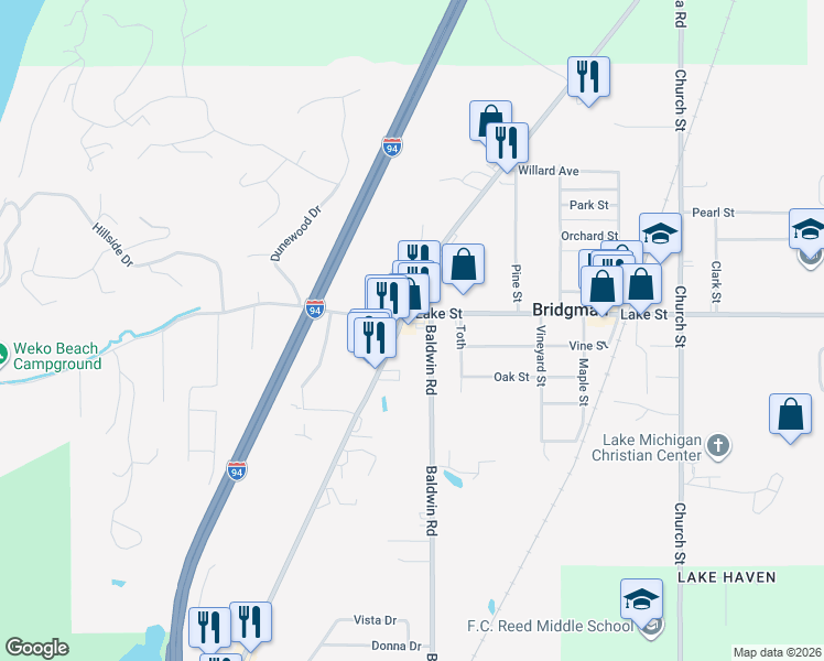 map of restaurants, bars, coffee shops, grocery stores, and more near 9709 Red Arrow Highway in Bridgman