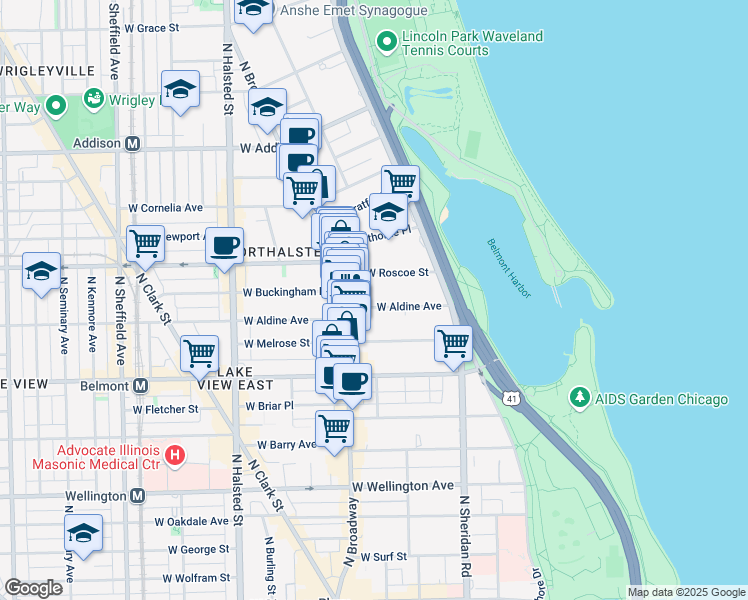 map of restaurants, bars, coffee shops, grocery stores, and more near 530 West Aldine Avenue in Chicago