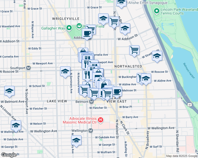 map of restaurants, bars, coffee shops, grocery stores, and more near 865 West Buckingham Place in Chicago