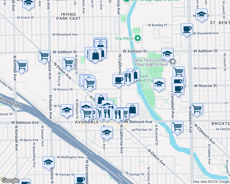 map of restaurants, bars, coffee shops, grocery stores, and more near 3616 North Pine Grove Avenue in Chicago