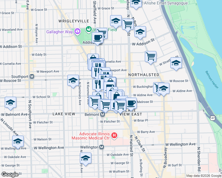 map of restaurants, bars, coffee shops, grocery stores, and more near 867 West Buckingham Place in Chicago