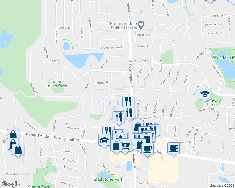 map of restaurants, bars, coffee shops, grocery stores, and more near 161 Dunteman Drive in Glendale Heights