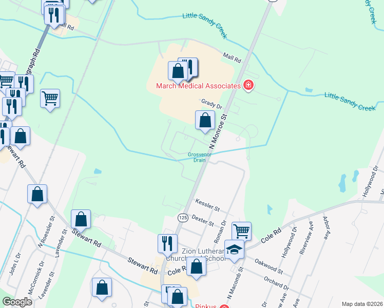 map of restaurants, bars, coffee shops, grocery stores, and more near 1971 North Monroe Street in Monroe