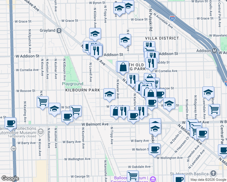 map of restaurants, bars, coffee shops, grocery stores, and more near 3407 North Keeler Avenue in Chicago