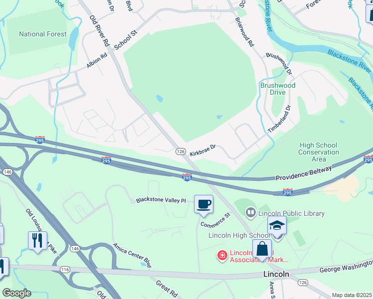 map of restaurants, bars, coffee shops, grocery stores, and more near 179 Old River Road in Lincoln