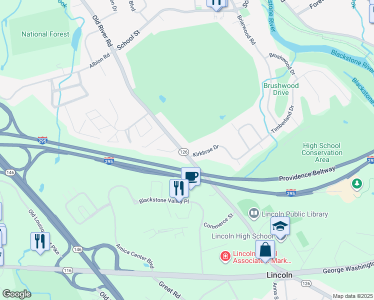 map of restaurants, bars, coffee shops, grocery stores, and more near 179 Old River Road in Lincoln