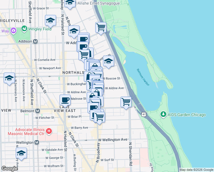 map of restaurants, bars, coffee shops, grocery stores, and more near 539 West Roscoe Street in Chicago