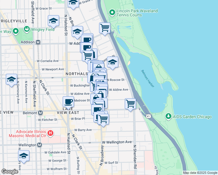 map of restaurants, bars, coffee shops, grocery stores, and more near 539 West Roscoe Street in Chicago