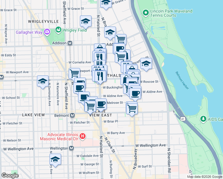 map of restaurants, bars, coffee shops, grocery stores, and more near 726 West Buckingham Place in Chicago