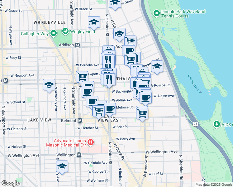 map of restaurants, bars, coffee shops, grocery stores, and more near 726 West Buckingham Place in Chicago