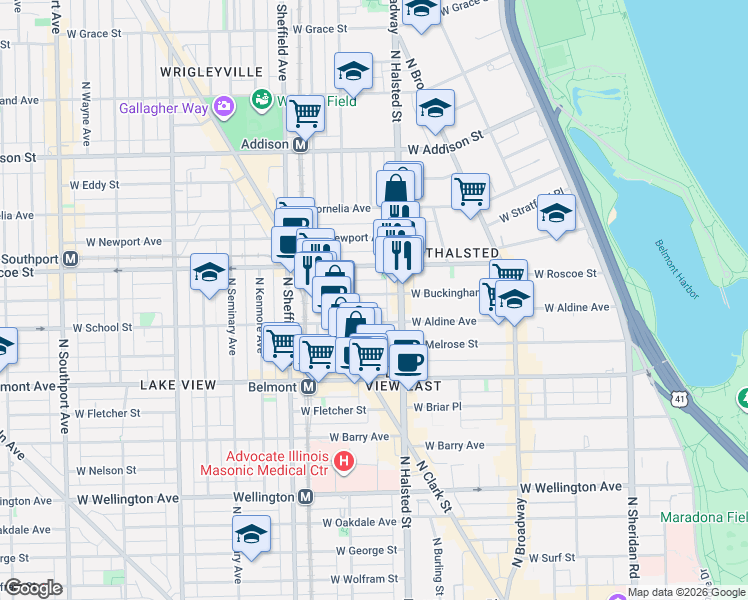 map of restaurants, bars, coffee shops, grocery stores, and more near 840 West Buckingham Place in Chicago
