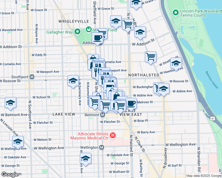 map of restaurants, bars, coffee shops, grocery stores, and more near 3341 North Clark Street in Chicago