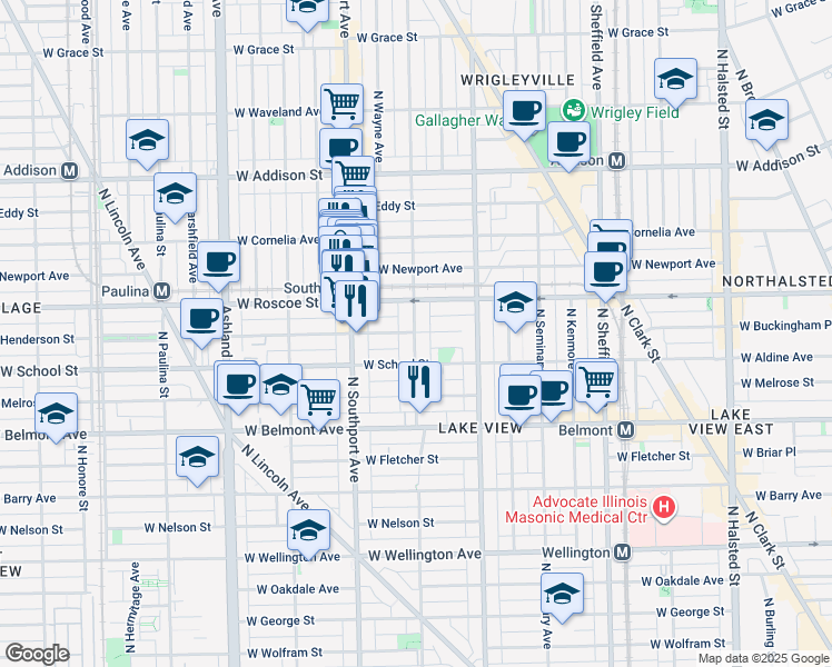 map of restaurants, bars, coffee shops, grocery stores, and more near 3346 North Lakewood Avenue in Chicago