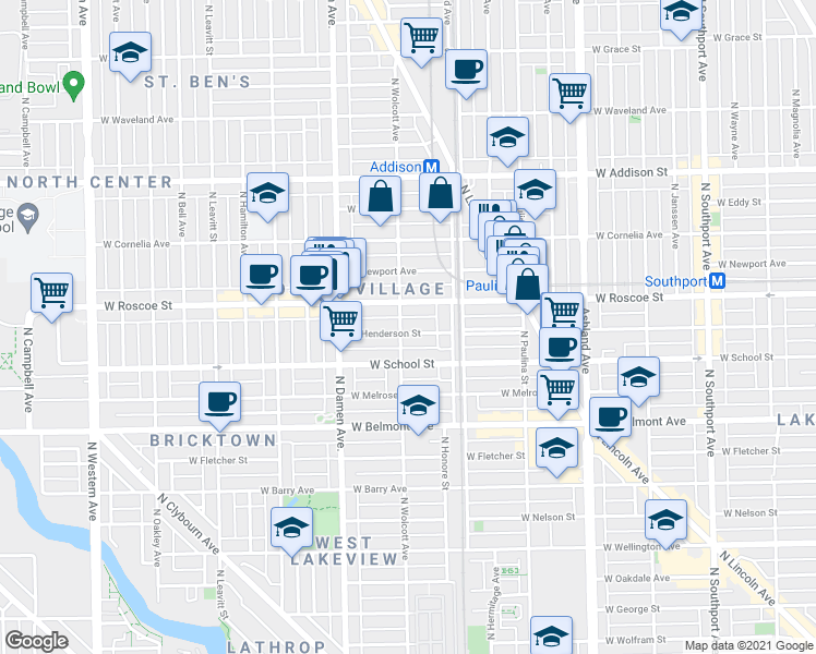 map of restaurants, bars, coffee shops, grocery stores, and more near 1825 West Roscoe Street in Chicago