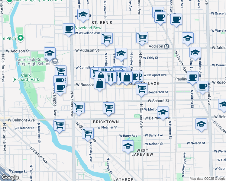 map of restaurants, bars, coffee shops, grocery stores, and more near 2139 West Roscoe Street in Chicago