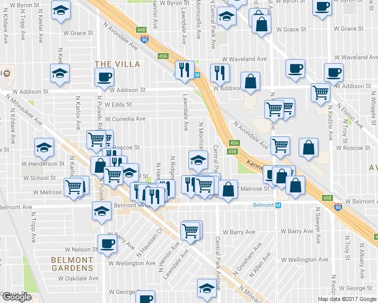 map of restaurants, bars, coffee shops, grocery stores, and more near 3706 West Roscoe Street in Chicago