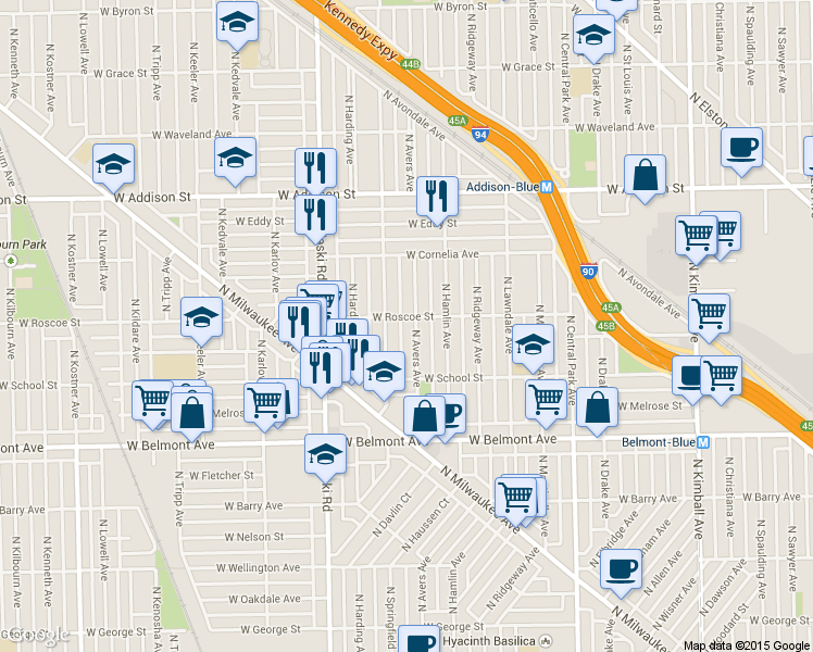 map of restaurants, bars, coffee shops, grocery stores, and more near 3403 North Springfield Avenue in Chicago