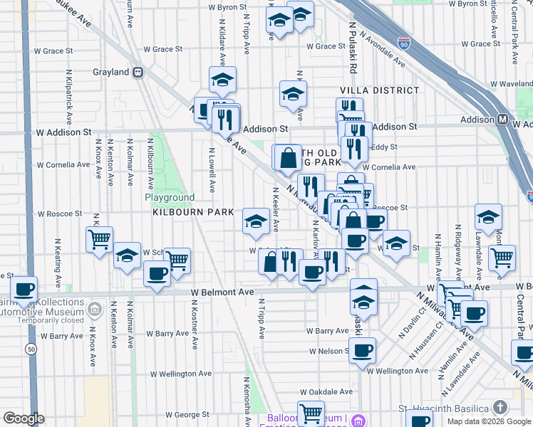 map of restaurants, bars, coffee shops, grocery stores, and more near 3407 North Keeler Avenue in Chicago