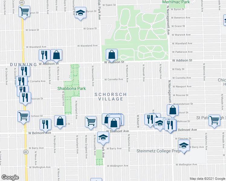 map of restaurants, bars, coffee shops, grocery stores, and more near 3440 North Rutherford Avenue in Chicago
