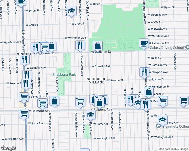 map of restaurants, bars, coffee shops, grocery stores, and more near 3440 North Rutherford Avenue in Chicago