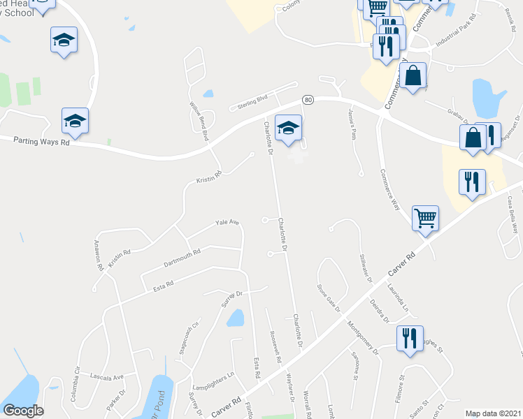 map of restaurants, bars, coffee shops, grocery stores, and more near 3 Tobi Circle in Plymouth