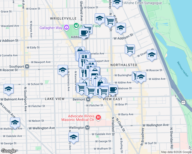 map of restaurants, bars, coffee shops, grocery stores, and more near 865 West Buckingham Place in Chicago