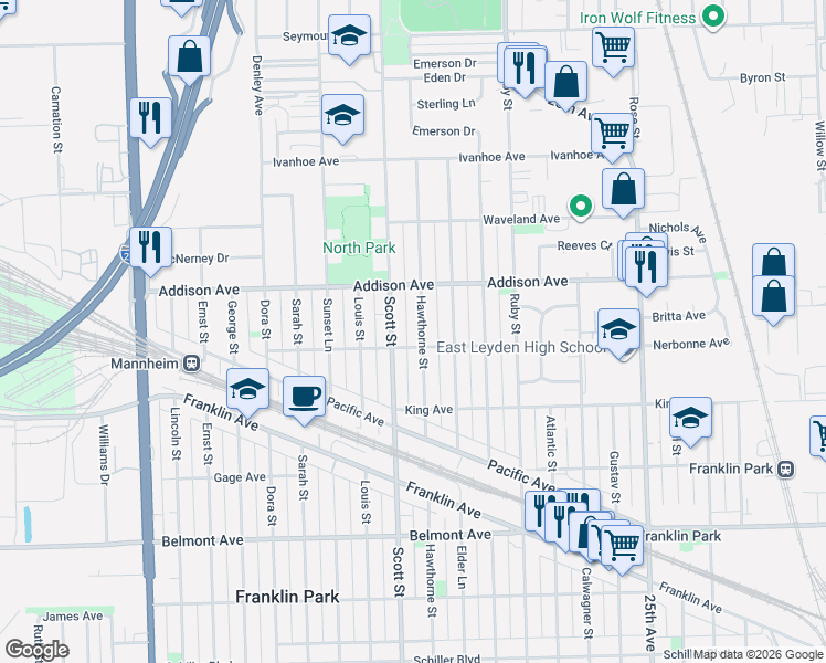 map of restaurants, bars, coffee shops, grocery stores, and more near 3526 Hawthorne Street in Franklin Park