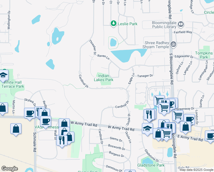 map of restaurants, bars, coffee shops, grocery stores, and more near 325 Cardinal Drive in Bloomingdale