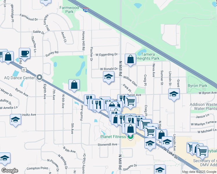 map of restaurants, bars, coffee shops, grocery stores, and more near 641 West Willow Glen in Addison