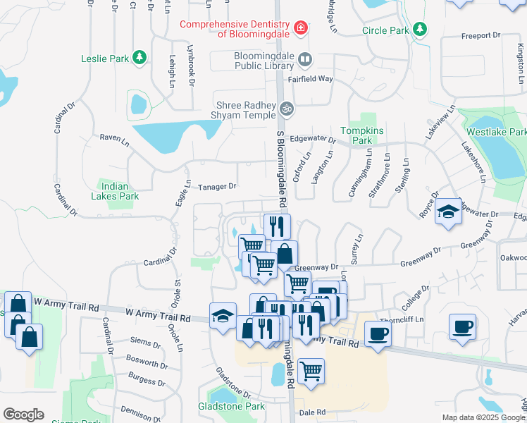 map of restaurants, bars, coffee shops, grocery stores, and more near 200 Dunteman Drive in Glendale Heights