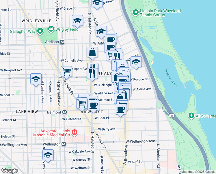 map of restaurants, bars, coffee shops, grocery stores, and more near 663 West Buckingham Place in Chicago