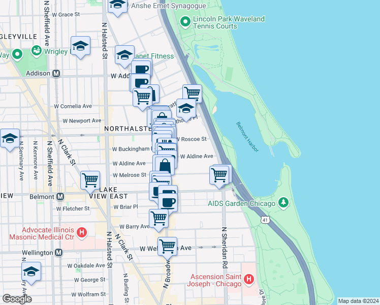 map of restaurants, bars, coffee shops, grocery stores, and more near 508 West Aldine Avenue in Chicago
