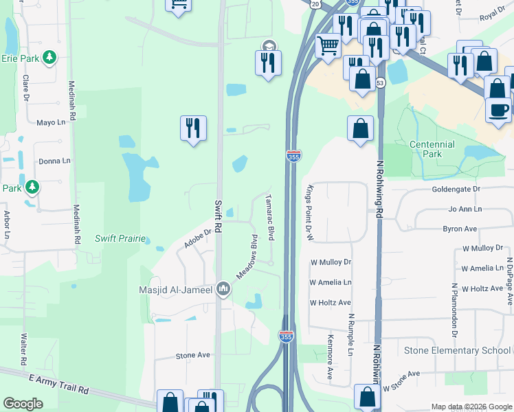 map of restaurants, bars, coffee shops, grocery stores, and more near 854 Tamarac Boulevard in Addison