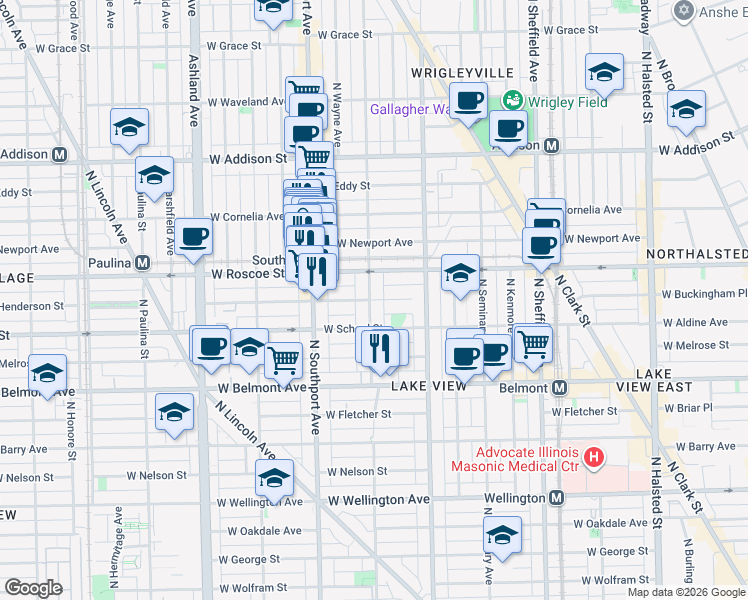 map of restaurants, bars, coffee shops, grocery stores, and more near 3346 North Lakewood Avenue in Chicago