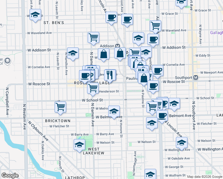 map of restaurants, bars, coffee shops, grocery stores, and more near 1825 West Roscoe Street in Chicago