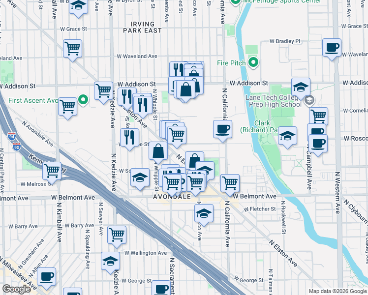 map of restaurants, bars, coffee shops, grocery stores, and more near 2939 West Roscoe Street in Chicago