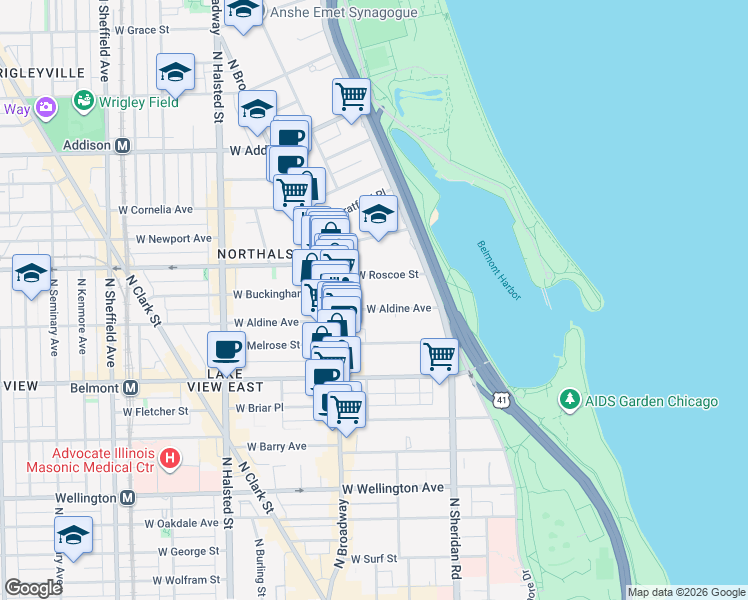 map of restaurants, bars, coffee shops, grocery stores, and more near 539 West Roscoe Street in Chicago