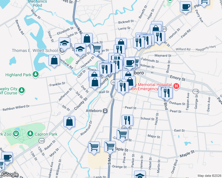 map of restaurants, bars, coffee shops, grocery stores, and more near 45 Massachusetts 152 in Attleboro