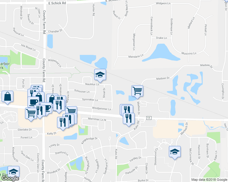 map of restaurants, bars, coffee shops, grocery stores, and more near 3885 Windjammer Lane in Hanover Park