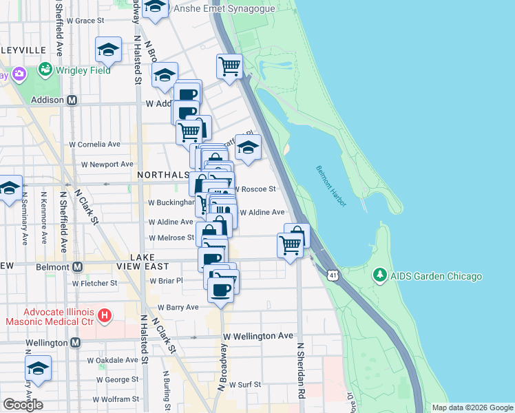 map of restaurants, bars, coffee shops, grocery stores, and more near 452 West Aldine Avenue in Chicago